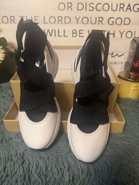Brand new! Michael Kors White and Black Elastic Strap Wedge Sneakers